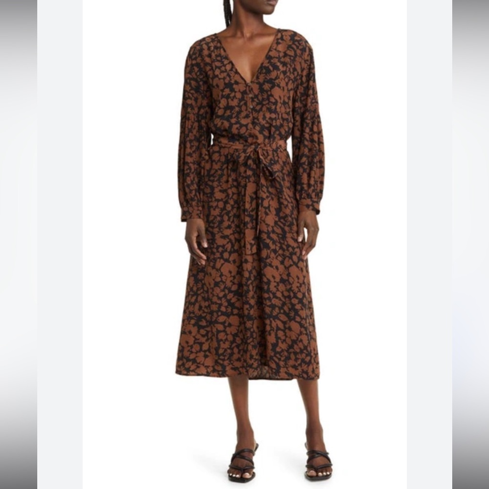 Rails Fabian Long Sleeve Fall Festive Holiday Elegant Brown Floral‎ Midi Dress